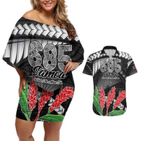 Personalised Samoa 685 Couples Matching Off Shoulder Short Dress and Hawaiian Shirt Teuila Flower With Black Samoan Tattoo LT9 Black - Polynesian Pride