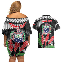 Personalised Samoa 685 Couples Matching Off Shoulder Short Dress and Hawaiian Shirt Teuila Flower With Black Samoan Tattoo LT9 - Polynesian Pride