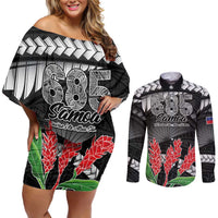 Personalised Samoa 685 Couples Matching Off Shoulder Short Dress and Long Sleeve Button Shirt Teuila Flower With Black Samoan Tattoo LT9 Black - Polynesian Pride