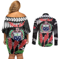 Personalised Samoa 685 Couples Matching Off Shoulder Short Dress and Long Sleeve Button Shirt Teuila Flower With Black Samoan Tattoo LT9 - Polynesian Pride