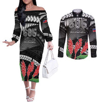 Personalised Samoa 685 Couples Matching Off The Shoulder Long Sleeve Dress and Long Sleeve Button Shirt Teuila Flower With Black Samoan Tattoo LT9 Black - Polynesian Pride