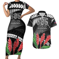 Personalised Samoa 685 Couples Matching Short Sleeve Bodycon Dress and Hawaiian Shirt Teuila Flower With Black Samoan Tattoo LT9 Black - Polynesian Pride