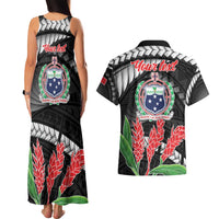 Personalised Samoa 685 Couples Matching Tank Maxi Dress and Hawaiian Shirt Teuila Flower With Black Samoan Tattoo LT9 - Polynesian Pride
