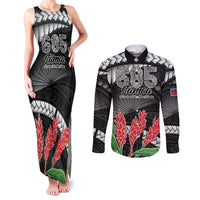 Personalised Samoa 685 Couples Matching Tank Maxi Dress and Long Sleeve Button Shirt Teuila Flower With Black Samoan Tattoo LT9 Black - Polynesian Pride