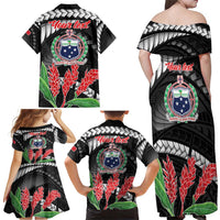 Personalised Samoa 685 Family Matching Off Shoulder Maxi Dress and Hawaiian Shirt Teuila Flower With Black Samoan Tattoo LT9 - Polynesian Pride