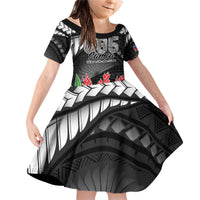 Personalised Samoa 685 Family Matching Off Shoulder Short Dress and Hawaiian Shirt Teuila Flower With Black Samoan Tattoo LT9 Daughter's Dress Black - Polynesian Pride