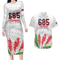 Personalised Samoa 685 Couples Matching Long Sleeve Bodycon Dress and Hawaiian Shirt Teuila Flower With White Samoan Tattoo LT9 White - Polynesian Pride