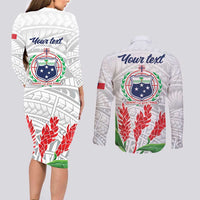 Personalised Samoa 685 Couples Matching Long Sleeve Bodycon Dress and Long Sleeve Button Shirt Teuila Flower With White Samoan Tattoo LT9 - Polynesian Pride