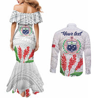 Personalised Samoa 685 Couples Matching Mermaid Dress and Long Sleeve Button Shirt Teuila Flower With White Samoan Tattoo LT9 - Polynesian Pride