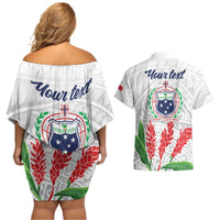 Personalised Samoa 685 Couples Matching Off Shoulder Short Dress and Hawaiian Shirt Teuila Flower With White Samoan Tattoo LT9 - Polynesian Pride