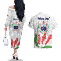 Personalised Samoa 685 Couples Matching Off The Shoulder Long Sleeve Dress and Hawaiian Shirt Teuila Flower With White Samoan Tattoo LT9 - Polynesian Pride