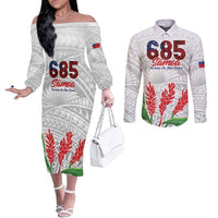 Personalised Samoa 685 Couples Matching Off The Shoulder Long Sleeve Dress and Long Sleeve Button Shirt Teuila Flower With White Samoan Tattoo LT9 White - Polynesian Pride