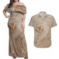 Hawaii Monk Seal and Map Couples Matching Off Shoulder Maxi Dress and Hawaiian Shirt Polynesian Kanaka Maoli Beige Vibe LT9 Beige - Polynesian Pride