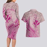 Hawaii Monk Seal and Map Couples Matching Long Sleeve Bodycon Dress and Hawaiian Shirt Polynesian Kanaka Maoli Pink Vibe LT9 - Polynesian Pride