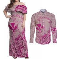 Hawaii Monk Seal and Map Couples Matching Off Shoulder Maxi Dress and Long Sleeve Button Shirt Polynesian Kanaka Maoli Pink Vibe