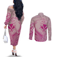 Hawaii Monk Seal and Map Couples Matching Off The Shoulder Long Sleeve Dress and Long Sleeve Button Shirt Polynesian Kanaka Maoli Pink Vibe