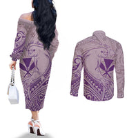 Hawaii Monk Seal and Map Couples Matching Off The Shoulder Long Sleeve Dress and Long Sleeve Button Shirt Polynesian Kanaka Maoli Violet Vibe