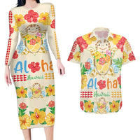 Kawaii Turtle Couples Matching Long Sleeve Bodycon Dress and Hawaiian Shirt Aloha Hibiscus Flowers LT9 Beige - Polynesian Pride