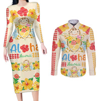 Kawaii Turtle Couples Matching Long Sleeve Bodycon Dress and Long Sleeve Button Shirt Aloha Hibiscus Flowers LT9 Beige - Polynesian Pride