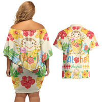 Kawaii Turtle Couples Matching Off Shoulder Short Dress and Hawaiian Shirt Aloha Hibiscus Flowers LT9 - Polynesian Pride