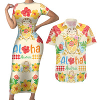 Kawaii Turtle Couples Matching Short Sleeve Bodycon Dress and Hawaiian Shirt Aloha Hibiscus Flowers LT9 Beige - Polynesian Pride