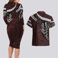 Polynesian Girl Tribal Tattoo Couples Matching Long Sleeve Bodycon Dress and Hawaiian Shirt Oxbood Vibe LT9 - Polynesian Pride