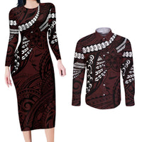 Polynesian Girl Tribal Tattoo Couples Matching Long Sleeve Bodycon Dress and Long Sleeve Button Shirt Oxbood Vibe LT9 Oxblood - Polynesian Pride