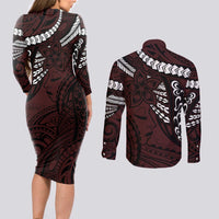 Polynesian Girl Tribal Tattoo Couples Matching Long Sleeve Bodycon Dress and Long Sleeve Button Shirt Oxbood Vibe LT9 - Polynesian Pride