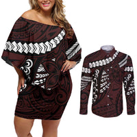 Polynesian Girl Tribal Tattoo Couples Matching Off Shoulder Short Dress and Long Sleeve Button Shirt Oxbood Vibe LT9 Oxblood - Polynesian Pride