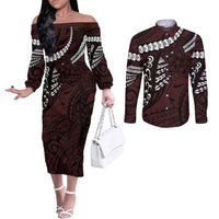 Polynesian Girl Tribal Tattoo Couples Matching Off The Shoulder Long Sleeve Dress and Long Sleeve Button Shirt Oxbood Vibe LT9 Oxblood - Polynesian Pride