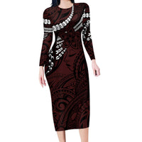 Polynesian Girl Tribal Tattoo Long Sleeve Bodycon Dress Oxbood Vibe LT9 Long Dress Oxblood - Polynesian Pride