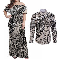 Polynesian Girl Tribal Tattoo Couples Matching Off Shoulder Maxi Dress and Long Sleeve Button Shirt Beige Vibe LT9 Beige - Polynesian Pride