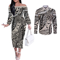 Polynesian Girl Tribal Tattoo Couples Matching Off The Shoulder Long Sleeve Dress and Long Sleeve Button Shirt Beige Vibe LT9 Beige - Polynesian Pride