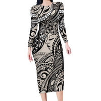 Polynesian Girl Tribal Tattoo Family Matching Long Sleeve Bodycon Dress and Hawaiian Shirt Beige Vibe LT9 Mom's Dress Beige - Polynesian Pride