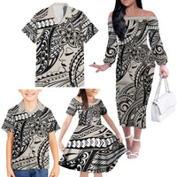 Polynesian Girl Tribal Tattoo Family Matching Off The Shoulder Long Sleeve Dress and Hawaiian Shirt Beige Vibe LT9 - Polynesian Pride