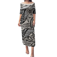 Polynesian Girl Tribal Tattoo Family Matching Puletasi and Hawaiian Shirt Beige Vibe LT9 Mom's Dress Beige - Polynesian Pride