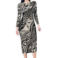 Polynesian Girl Tribal Tattoo Long Sleeve Bodycon Dress Beige Vibe LT9 Long Dress Beige - Polynesian Pride