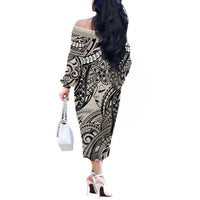Polynesian Girl Tribal Tattoo Off The Shoulder Long Sleeve Dress Beige Vibe LT9 - Polynesian Pride