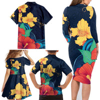 Polynesian Hibiscus Flower Waves Pattern Family Matching Long Sleeve Bodycon Dress and Hawaiian Shirt LT9 - Polynesian Pride