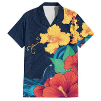 Polynesian Hibiscus Flower Waves Pattern Family Matching Long Sleeve Bodycon Dress and Hawaiian Shirt LT9 Dad's Shirt - Short Sleeve Dark Blue - Polynesian Pride