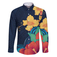 Polynesian Hibiscus Flower Waves Pattern Family Matching Mermaid Dress and Hawaiian Shirt