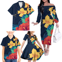 Polynesian Hibiscus Flower Waves Pattern Family Matching Off The Shoulder Long Sleeve Dress and Hawaiian Shirt LT9 - Polynesian Pride