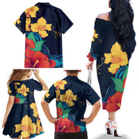 Polynesian Hibiscus Flower Waves Pattern Family Matching Off The Shoulder Long Sleeve Dress and Hawaiian Shirt LT9 - Polynesian Pride