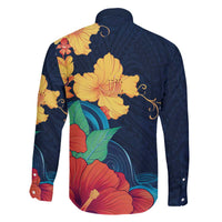 Polynesian Hibiscus Flower Waves Pattern Family Matching Off The Shoulder Long Sleeve Dress and Hawaiian Shirt LT9 - Polynesian Pride