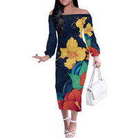 Polynesian Hibiscus Flower Waves Pattern Family Matching Off The Shoulder Long Sleeve Dress and Hawaiian Shirt LT9 Mom's Dress Dark Blue - Polynesian Pride