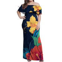 Polynesian Hibiscus Flower Waves Pattern Off Shoulder Maxi Dress