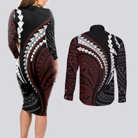 Polynesian Oxblood Line Art Tribal Tattoo Couples Matching Long Sleeve Bodycon Dress and Long Sleeve Button Shirt LT9 - Polynesian Pride