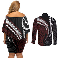 Polynesian Oxblood Line Art Tribal Tattoo Couples Matching Off Shoulder Short Dress and Long Sleeve Button Shirt LT9 - Polynesian Pride