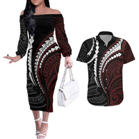 Polynesian Oxblood Line Art Tribal Tattoo Couples Matching Off The Shoulder Long Sleeve Dress and Hawaiian Shirt LT9 Beige - Polynesian Pride