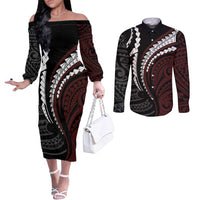 Polynesian Oxblood Line Art Tribal Tattoo Couples Matching Off The Shoulder Long Sleeve Dress and Long Sleeve Button Shirt LT9 Beige - Polynesian Pride